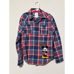 Disney Red/Blue Plaid Boys 7/8 Mickey Mouse Flannel Applique Embroidered Western
